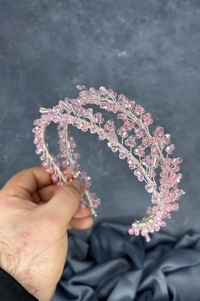 Hayalperest boncuk Pink Sare Model Double Row Bridal Henna Crown Hair Accessory