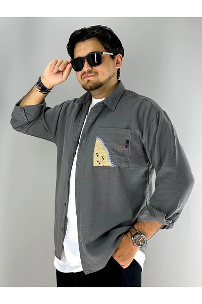 MARESHAL Embroidery Straw Pocket Detailed Oversize Shirt(Grey)