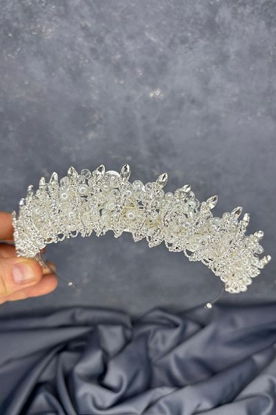 Hayalperest boncuk Transparent Crystal Bead Embroidered Steaming Bridal Crown