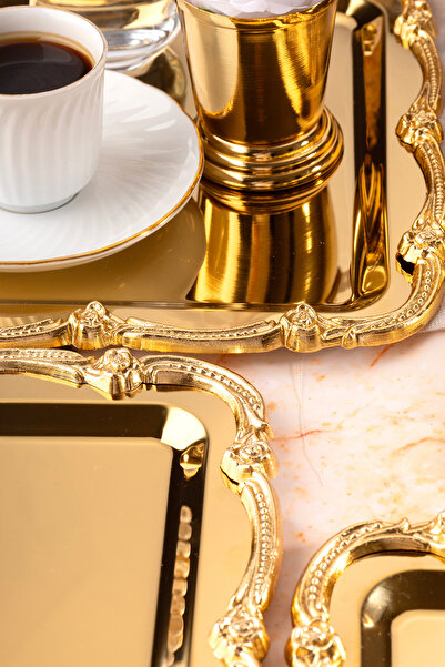NEWTREND Züccaciye 6-Piece Luxury Gold Cast Rose Framed Gold Square Engagement, Dowry, Coffee, Tea Presentation Service Tray