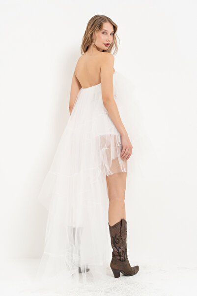 Kikiriki Tül Detaylı Straplez Off white Mini Elbise