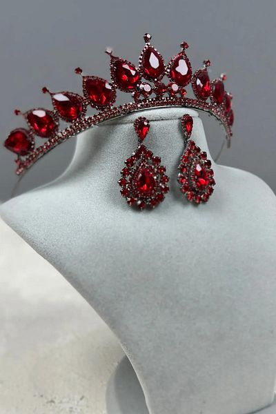 Hayalperest boncuk Neri Model Wedding Henna Costume Crown and Drop Shuttle Earring Set Burgundy
