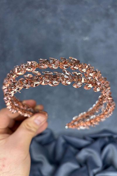 Hayalperest boncuk Rose color double row rhinestone lea bridal hair accessory bride henna crown