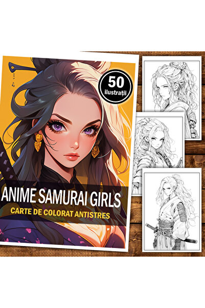Legendary Gifts Carte de colorat antistres, 50 de ilustrații, fete samurai anime