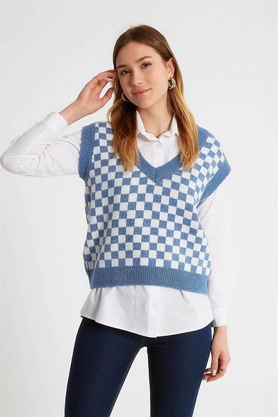 Lale Moda Checker Patterned Knitted Oversized Women's Knitwear