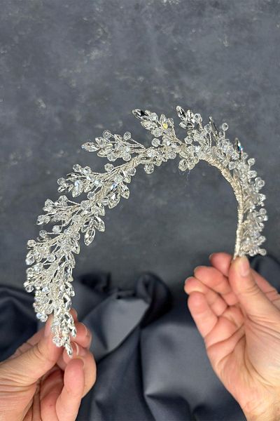Hayalperest boncuk Transparent Silver Laurel Bridal Crown Hair and Turban Accessory