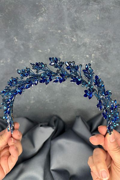 Hayalperest boncuk Indigo Blue Laurel Bridal Crown Hair and Turban Accessory