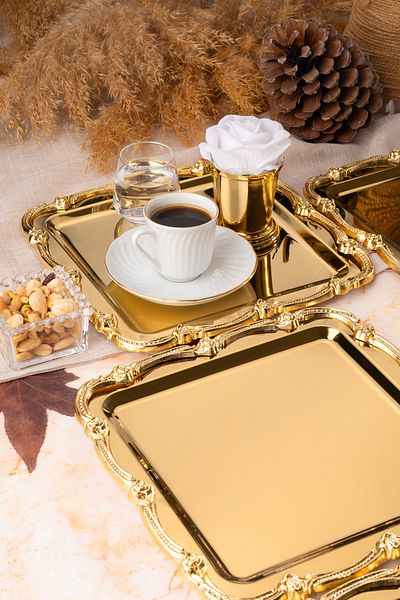 NEWTREND Züccaciye 6-Piece Luxury Gold Cast Rose Framed Gold Square Engagement, Dowry, Coffee, Tea Presentation Service Tray