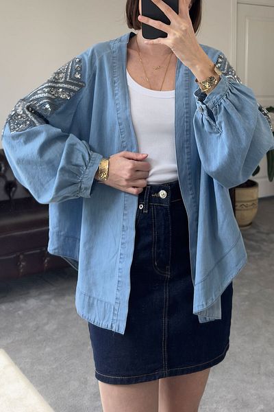 MAGARDE Sequin Premium Jean Kimono - Blue