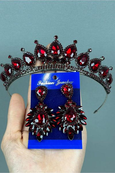Hayalperest boncuk Neri Model Wedding Henna Costume Crown and Shuttle Earrings Set Red