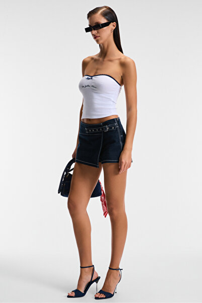 GRIMELANGE SELYA Kadın Esnek Ribana Kumaşlı Dantelli Nakışlı Beyaz Bluz