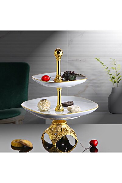 KT HOME 2 Katlı Kare Porselen Servis Hurmalık Ve Ayaklı Sunumluk Kek Çikolata...