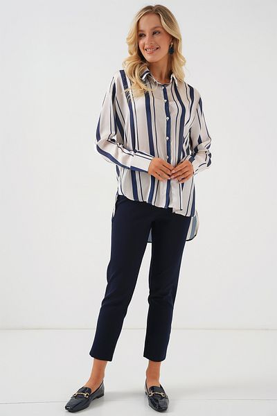 Bigdart Γυναικείο ριγέ μακρύ σατέν πουκάμισο 20291 - Navy Blue