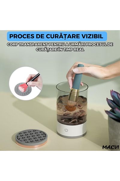 MACVI Dispozitiv de curatare pensule machiaj Macvi®, ultrasonic, 7000 RPM, USB, ABS/PC, transparent