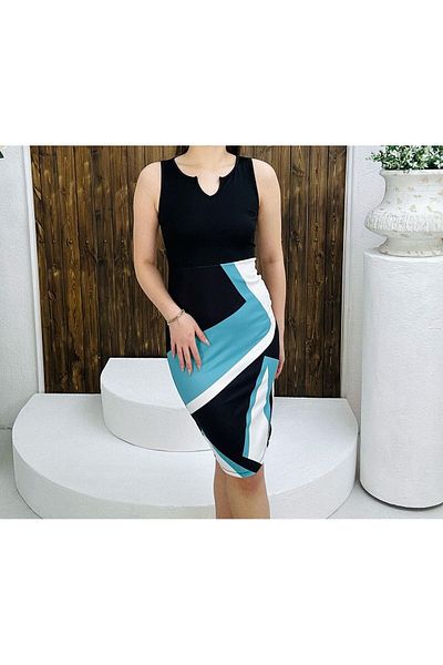 EUROMODA Women's Diver Fabric, Geometric Print, Strap, Midi Dress