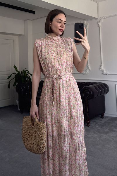 MAGARDE Flower Pattern Pleated Belted Dress - Pink