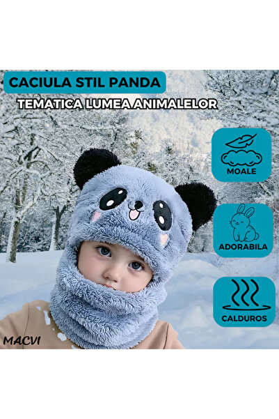 MACVI Caciula copii cagula Macvi® 2 in 1, tematica lumea animalelor, panda zambitor, 1-5 ani, albastru