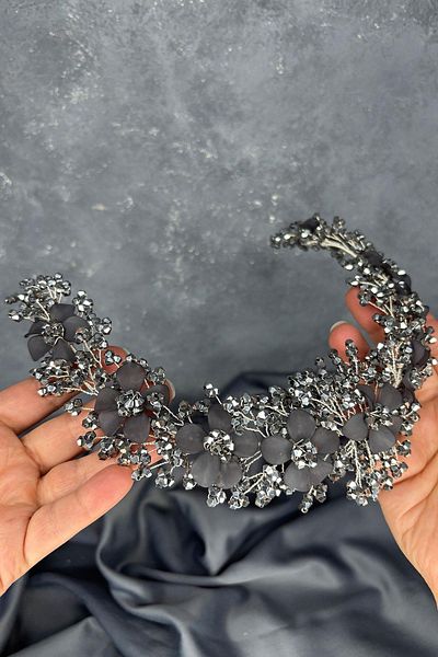 Hayalperest boncuk Anthracite Gray Nileda Crystal Beaded Bridal Henna Crown Hair Accessory