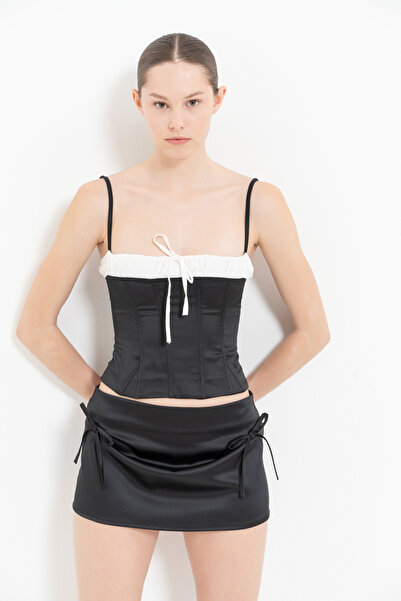 Kikiriki Black Contrast Detailed Satin Bustier & Mini Skirt Set