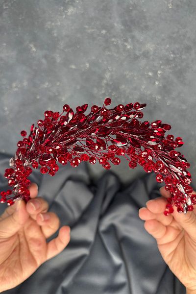 Hayalperest boncuk Burgundy Elisa Beaded Bridal Henna Crown Hair and Turban Accessory