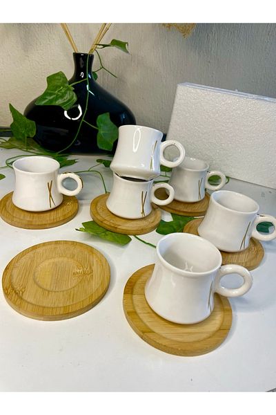 CeM Porselen 12 Pieces Bamboo Plate Luxury Boiler Model White Colored Coffee Cup for 6 People