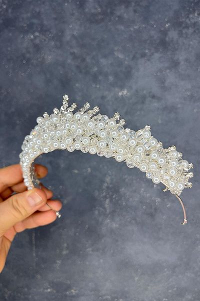 Hayalperest boncuk Cream Pearl Edis Bead Embroidered Bridal Henna Crown