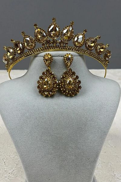 Hayalperest boncuk Neri model bridal wedding henna crown and shuttle earring set gold