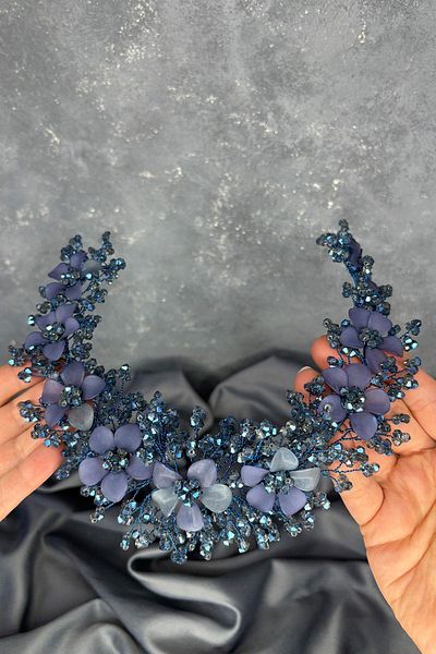 Hayalperest boncuk Indigo Blue Nileda Crystal Beaded Bridal Henna Crown Hair Accessory