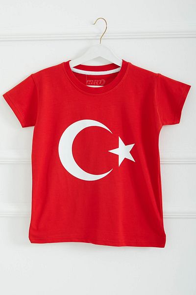TOFİSA Boy's Red Unisex Crew Neck Moon Star Printed Short Sleeve T-Shirt - 26846
