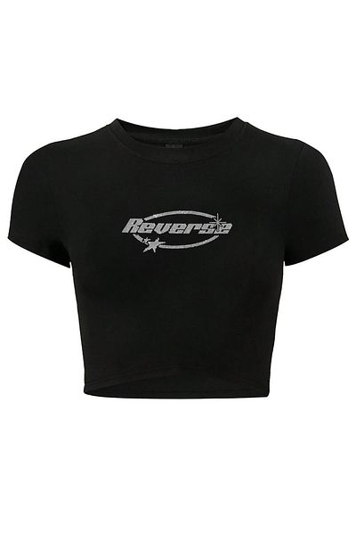 BRZ COLLECTION Women's Reverse Crystal Stone Printed Crop T-Shirt Black