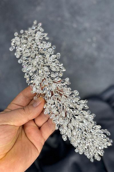 Hayalperest boncuk Transparent Silver Elisa Beaded Bridal Henna Crown Hair and Turban Accessory