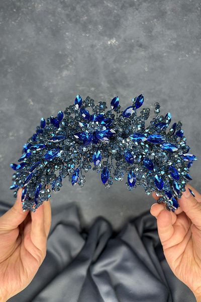 Hayalperest boncuk Indigo Blue Elena Intense Bead Embroidered Bridal Crown Hair and Turban Accessory