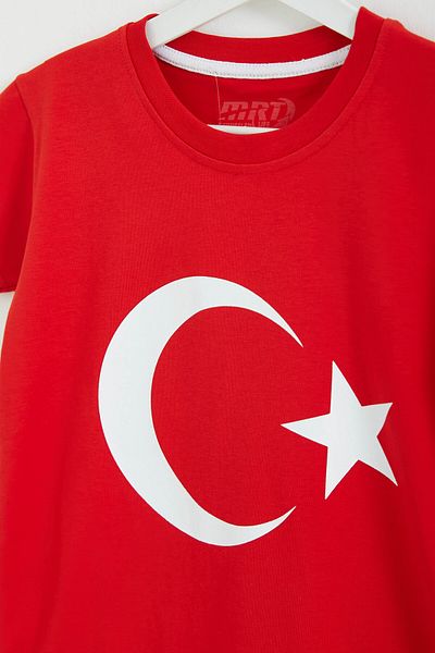 TOFİSA Boy's Red Unisex Crew Neck Moon Star Printed Short Sleeve T-Shirt - 26846