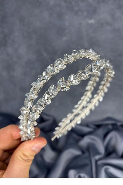 Hayalperest boncuk Silver Gray Double Row Stone Lea Bridal Hair Accessory Bridal Henna Crown