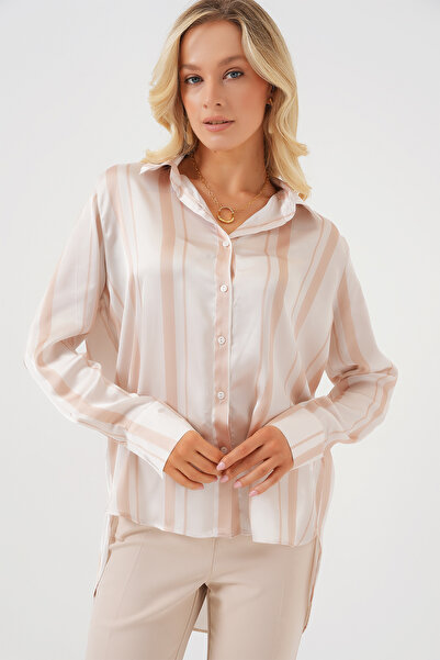 Bigdart Kadın Çizgili Uzun Saten Gömlek 20291 - Bej