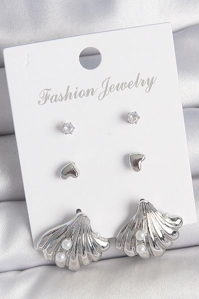 E BULURUM Brass Silver Color Zircon Stone Detailed Pearl Detailed Sea Shell Model 3 Pair Women Earrings