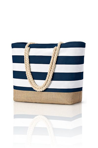 D'VERS Μπλε Navy Water and Sand Proof Μεγάλη τσάντα παραλίας με λεπτομέρεια από ύφασμα γιούτας