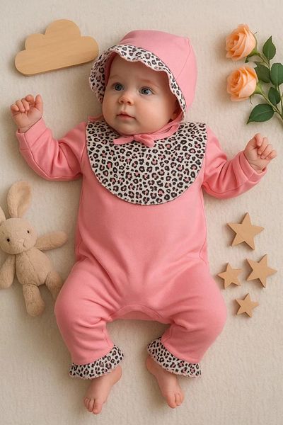 Babydonat Leopard Detailed Hat Jumpsuit 100% Cotton