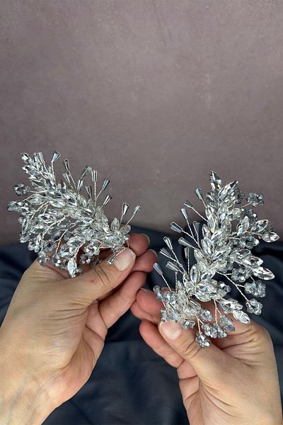 Hayalperest boncuk Silver Gray Selis Double Sided Bridal Henna Crown Hair Accessory