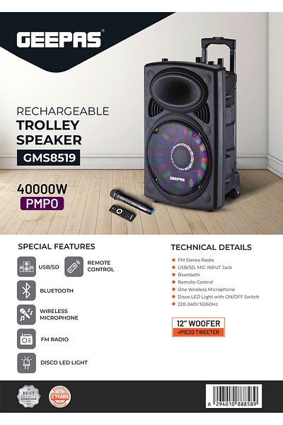 Geepas Port&RechPrf Spkr/Usb/Sd/Fm/Bt/Mic/Bt1x1