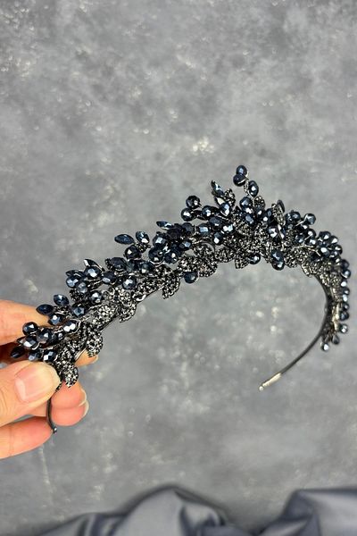 Hayalperest boncuk Navy Blue Bead Embroidered Duru Bridal Henna Crown