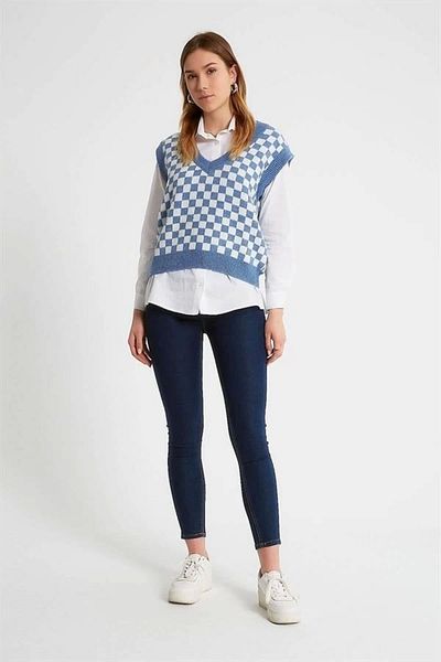 Lale Moda Checker Patterned Knitted Oversized Women's Knitwear