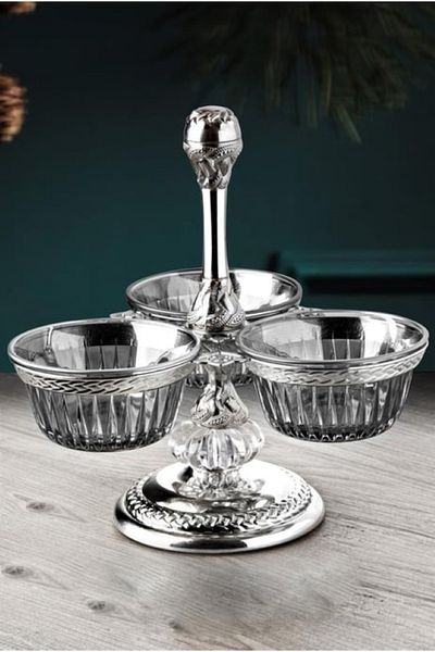 KT HOME Pedestal Snack Bowl Silver Metal Glass 3 Compartment Serving Snack Bowl Presentation Chocolate Bowl Decorative Bowl
