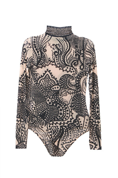 Kikiriki BLACK & SAND Desenli Taşlı Tül Bodysuit