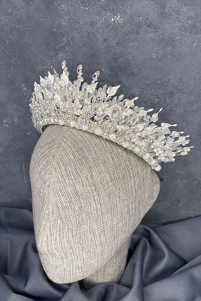 Hayalperest boncuk Sedia Intensely Embroidered Pearlescent Crystal Bridal Crown Hair Accessory