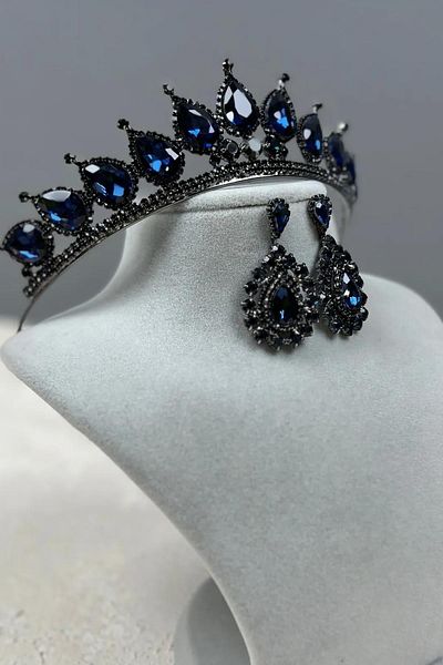 Hayalperest boncuk Neri Model Wedding Henna Costume Crown and Shuttle Earrings Set Navy Blue
