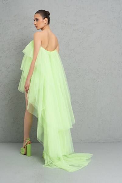 Kikiriki Staplez Volanlı Neon Green Mini Elbise
