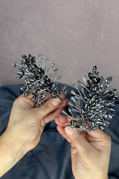 Hayalperest boncuk Anthracite Gray Selis Double Sided Bridal Henna Crown Hair Accessory