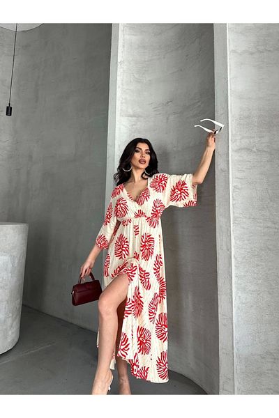 Ecenin Favorileri Red patterned double breasted viscose dress