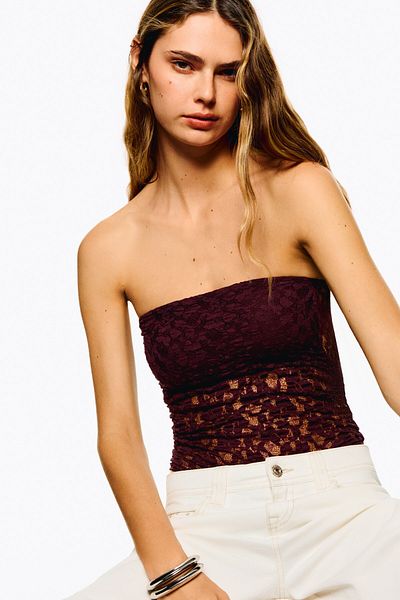 Bershka Blonde lace bandeau neckline bodysuit